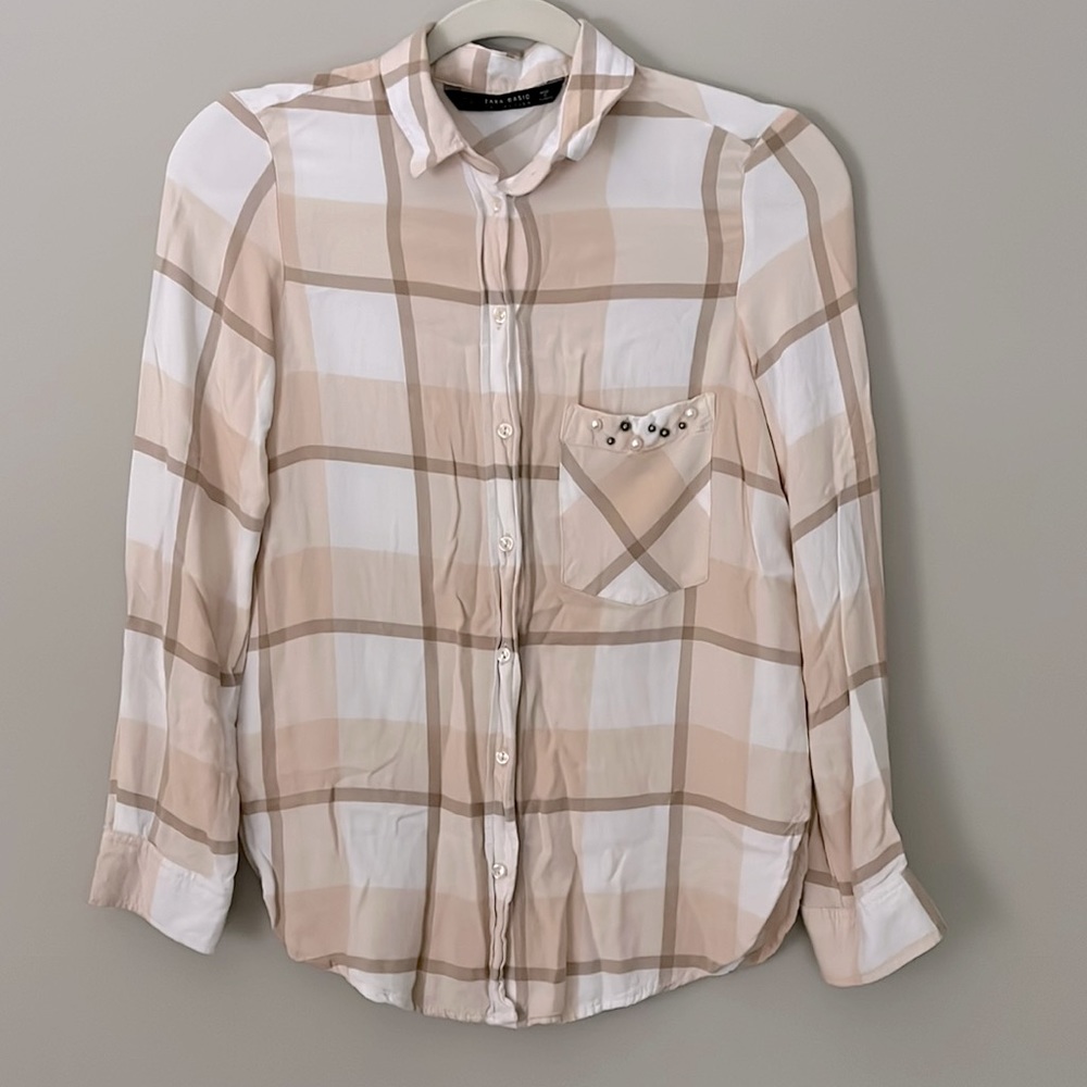 Zara Basic Pink Plaid Pearl Pocket Button Down Shirt